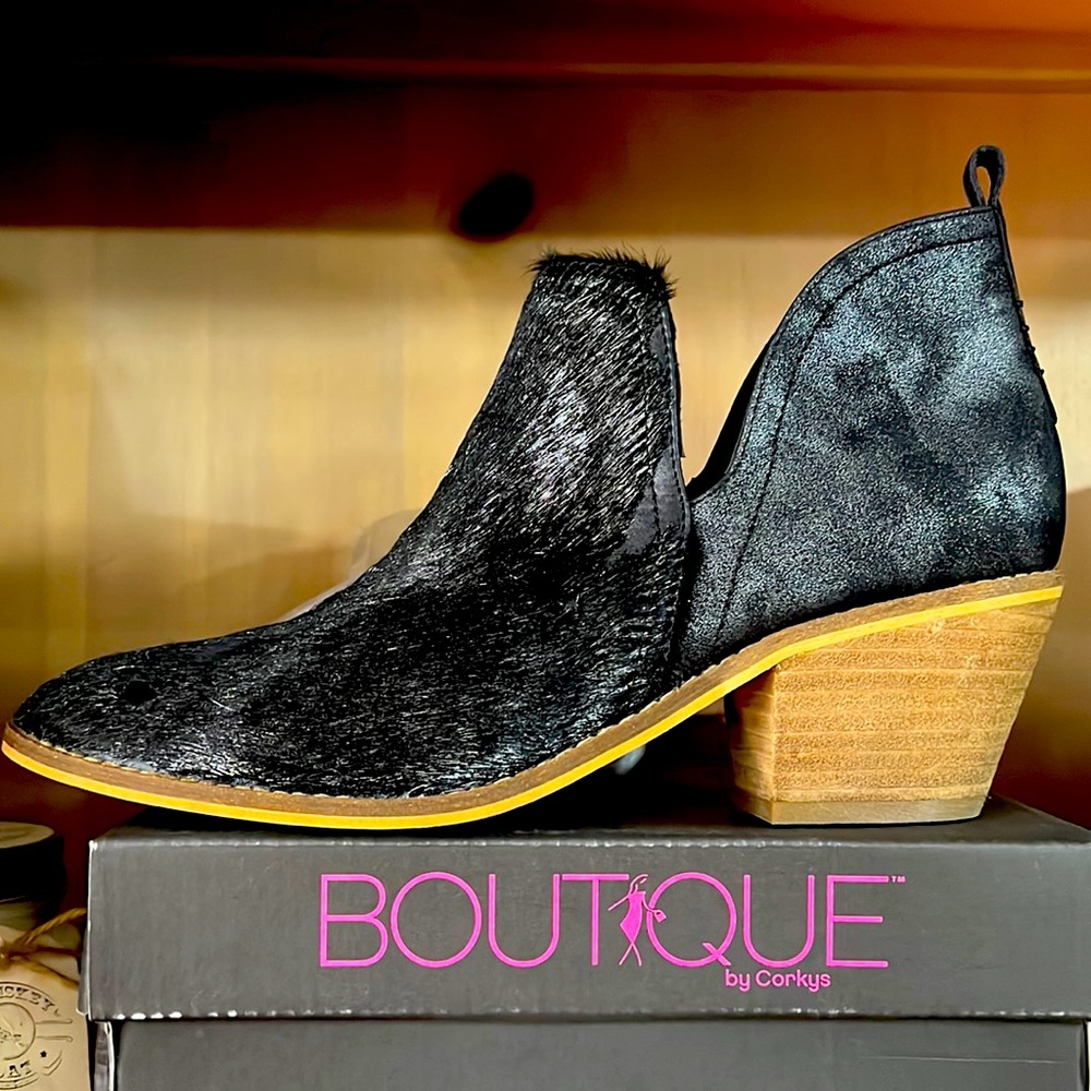 Acid wash cowhide Corkys western bootie. So cute and comfortable.